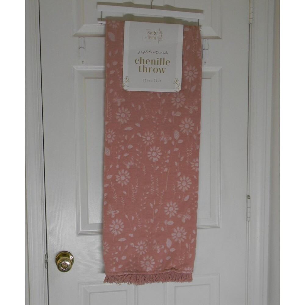 sage + fern Soft Textured Chenille Throw Blanket Pink Flowers Butterfly NWT